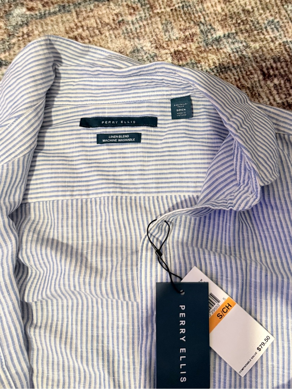 Perry Ellis Blue and White Striped Casual Button-Down Shirt